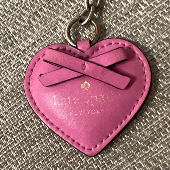 Kate Spade leather Heart with bow Key Chain Fob bag charm puffy pink gold text - Picture 2 of 4